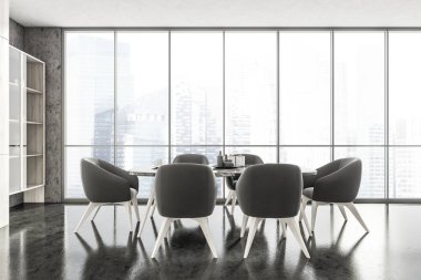 Açık uzay yemek odası iç mekan ve siyah mermer döşeme, beyaz dolap. Şehir manzaralı panoramik pencerenin yanında siyah koltuklu yemek masası, üç boyutlu görüntüleme