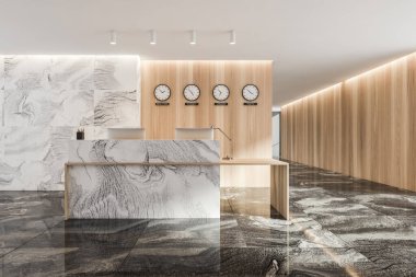 Mermer ve ahşap resepsiyon odasında iki bilgisayar ve duvarında saatler var. Ofis masalı resepsiyon girişi, ön manzara, gri fayanslı zemin ve salon, 3D görüntüleme