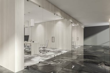 Ahşap ofis koridoru içi mobilyalı, masalı, koltuklu ve bilgisayarlı danışma odalarıyla dolu. Cam kapılar, siyah mermer döşeme, yan görüş, koridor. 3B görüntüleme