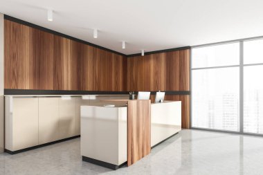 Beyaz ve ahşap kabul odası, iş binasının içi, ofis masası mermer zemin üzerinde bilgisayarlar, yan görüş. Minimalist ışık giriş odası ve panoramik pencereler, 3D görüntüleme