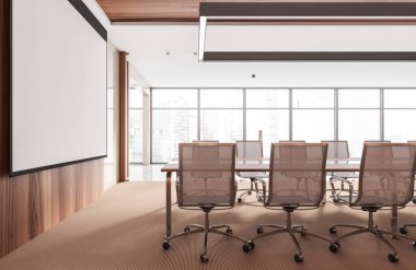 Tahta konferans odası. Beyaz koltuklar ve uzun masa, bej zemin. Ofis minimalist mobilya ve projeksiyon ekranı pencereli, 3D görüntüleme