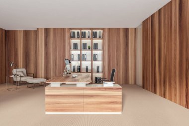 Ahşap ofis yöneticisi odası masa ve masaüstü bilgisayarı, klasörlü raf ve bej halıda lamba bulunan koltuk. Tahta duvardaki kopyalama alanı, 3 boyutlu görüntüleme