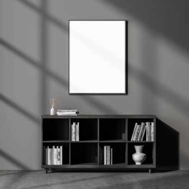İçi karanlık, rahat bir oturma odası duvarında boş beyaz bir poster vazo ve kitaplarla dolu bir kitaplık, beton zemin. İskandinav minimalist çağdaş tasarımı. Model yap. 3d oluşturma