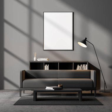 İçi karanlık, rahat bekleme odası gri kanepe, sehpa, duvarında boş beyaz poster, beton zeminde kitaplık ve lamba. İskandinav minimalist tasarımı. Model yap. 3d oluşturma