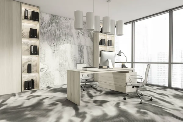 Wooden office manager room interior with wooden table and desktop computer, shelf with folders, two white armchairs on grey carpet, side view. Panoramic windows with city view. 3D rendering