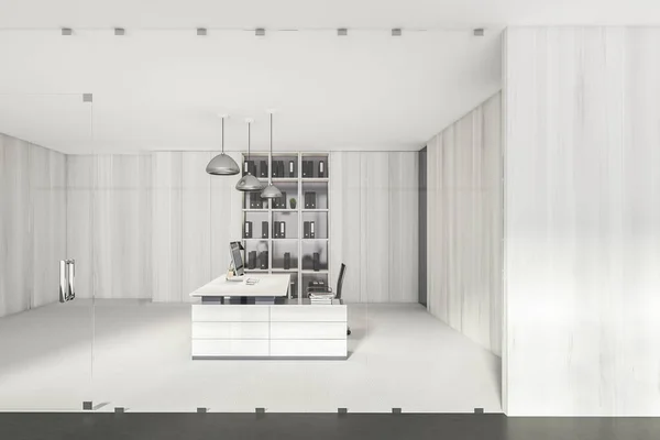 White wooden office manager room interior with table and desktop computer behind glass door, shelf with folders and white carpet. Private room for client service, 3D rendering