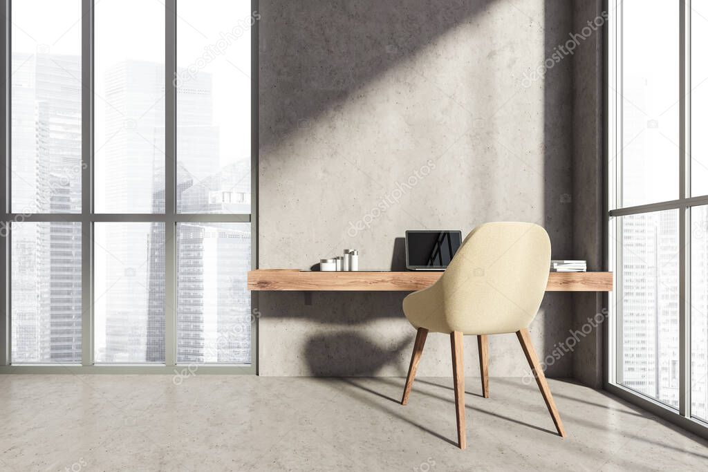 Light apartment interior with minimalist workplace, beige armchair and table with laptop and books, grey concrete floor. Panoramic windows with city view, 3D rendering