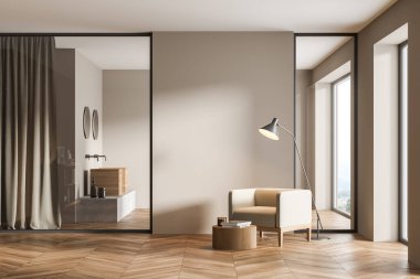 Rahat koltuğu olan modern rahat bir oturma odası kırsal manzaralı panoramik pencereler, ahşap parke zeminde kahve masası. Görüşme için minimalist çağdaş tasarım