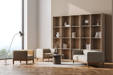 Koltukları, kanepesi, lambası ve dekorasyonu olan büyük kitaplığı olan modern oturma odası ahşap zeminde minimalist okuma odası, yan manzaralı, kırsal pencereli. 3B görüntüleme