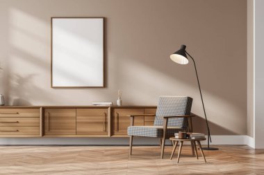Eski koltuk ve lambalı modern oturma odası, kitaplı kahve masası, dekorasyonlu çekmece. Parke zeminli minimalist okuma odası. Model Kopyalama Alanı afişi, 3B oluşturma