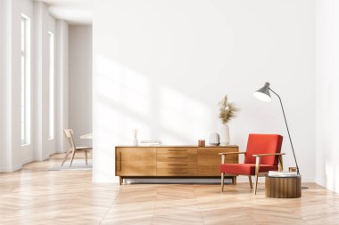 Parlak, çağdaş bekleme odası ahşap büfede, meşe ağacından parke zeminde rahat kırmızı koltuk. Minimalist İskandinav tasarımı. Model yap. 3d oluşturma