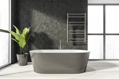 İçi gri küvetle aydınlık ahşap zeminde ve ısıtılmış havlu korkuluklarıyla dolu. Şehir manzaralı panoramik pencere, bitki ve gri duvarlı modern oda, 3D görüntüleme