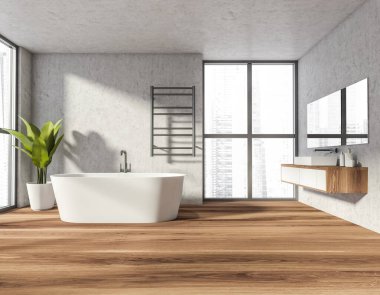 Ahşap zeminde beyaz küvetle banyo yapmak ve ayna ile batmak, ısıtmalı havlu korkuluğu. Şehir manzaralı panoramik pencere, bitki ve gri duvarlı minimalist oda, 3D görüntüleme