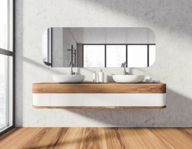 Lavabo ve aynalı banyo, gri ve ahşap çekmeceli jel ve sabun. Parke döşemeli ve pencereli modern şık banyo odası, 3 boyutlu. 