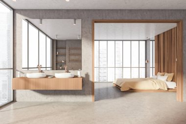 Dairenin içi lavabo ve büyük aynalı lambalar, yatak odası ve bej çarşaflar gri beton zemin ve panoramik pencere, 3D görüntüleme.