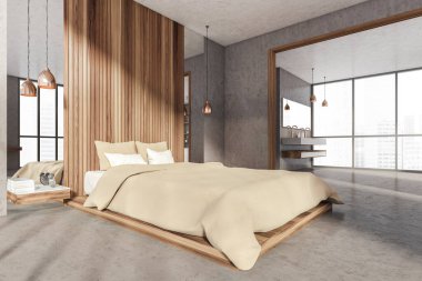 Ahşap yataklı bir daire, gri beton zeminde bej çarşaflar, ayna ve lambalı iki lavabo, arka planda şehir manzaralı büyük pencereler, üç boyutlu görüntüleme.