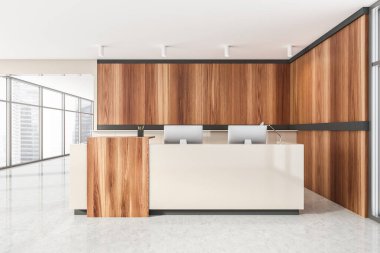 Beyaz ve ahşap kabul odası, iş binasının içi, mermer zeminde bilgisayarları olan ofis masası. Panoramik pencereli minimalist ışık giriş odası ve koridor, 3D görüntüleme