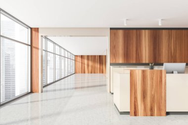 İş binasında beyaz ve ahşap kabul odası, bilgisayarlı ofis masası ve şehir manzaralı uzun salon. Mermer zeminli minimalist ışık giriş odası, 3 boyutlu görüntüleme