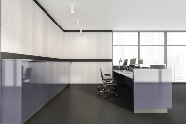 İş binasında minimalist kabul odası, mermer zeminde bilgisayarlı ofis masası, yan görüş, iki koltuk. Şehir görünümlü panoramik pencereler, 3B görüntüleme