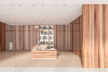 Ofis müdürü odası içi masa ve masaüstü bilgisayarı cam kapının arkasında, rafta klasörler ve bej halı var. Müşteri servisi için özel oda, 3D görüntüleme