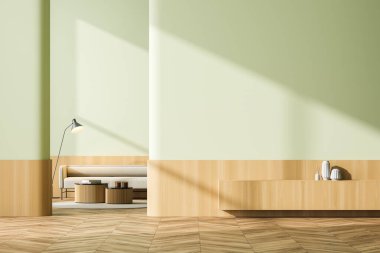 Parlak bekleme odası içi boş yeşil duvar, rahat bej kanepe ve meşe ağacından parke zeminde kahve masası. Çağdaş evdeki samimi buluşma yeri kavramı. Model yap. 3d oluşturma