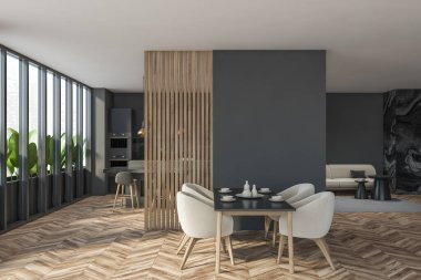 İçi panoramik pencereli karanlık modern yemek odası, beyaz boş duvar, yemek masası, dört rahat koltuk, meşe ağacından parke zemin. Çağdaş minimalist tasarım. Model yap. 3d oluşturma