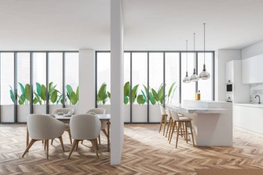 Geniş bir mutfak ve yemek odası. Geniş panoramik penceresi, bar tezgahı, dört rahat bar taburesi, koltuk ve bölmesi var. Meşe ağacından parke döşeme. Çağdaş tasarım dairesi