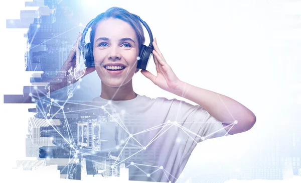 Woman Shirt Happy Smile Wearing Headphones Double Exposure Office Buildings — Stock Photo, Image