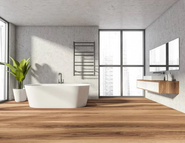 Interior Banho Com Banheira Branca Chão Madeira Pia Com Espelho — Fotografia de Stock
