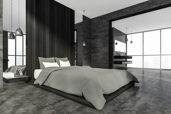 Dark Apartment Interior Grey Bed Linens Concrete Floor Two Sinks —  Fotos de Stock