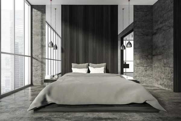 Dunkles Schlafzimmerinterieur Graues Bett Mit Bettwäsche Und Weißen Kissen Vorderansicht — Stockfoto