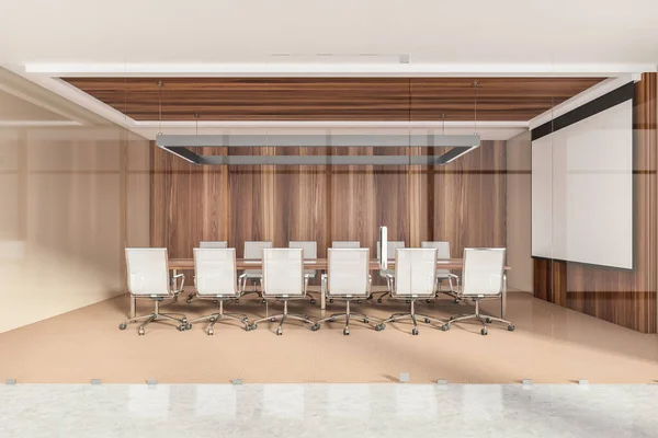 Wooden Meeting Room Interior White Armchairs Glass Doors Beige Floor —  Fotos de Stock