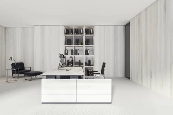 Interior Branco Madeira Sala Gerente Escritório Com Tabela Computador Prateleira — Fotografia de Stock