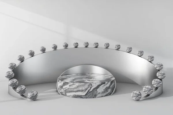 銀プラットフォームスタンド 大理石の球の装飾の行 高級大理石のモックアップは 製品表示 広告商品の略です 製品のプレゼンテーションとプロモーション モックアップコピースペース 3Dレンダリング — ストック写真