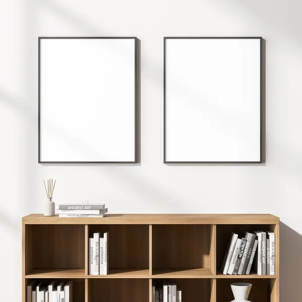 Bright Cozy Living Room Interior Two Empty White Posters Row — Foto de Stock