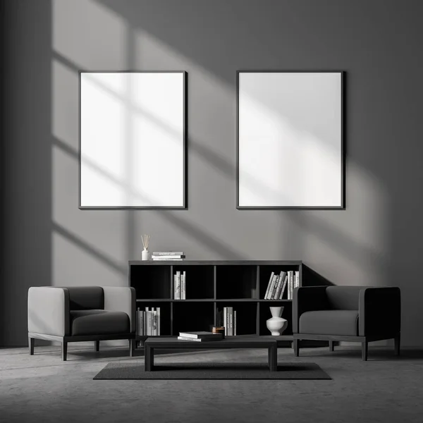 Dunkles Modernes Warteraum Interieur Mit Zwei Grauen Sesseln Leeren Weißen — Stockfoto