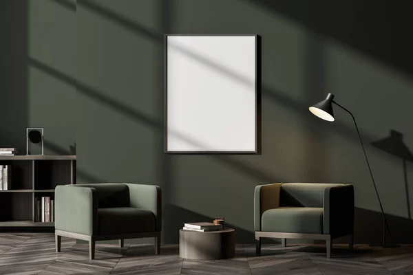 Interior Sala Estar Escura Com Cartaz Branco Vazio Parede Verde — Fotografia de Stock