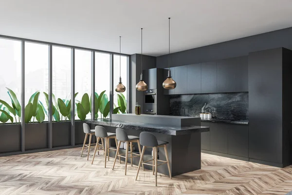 Donkere Moderne Keuken Interieur Met Zwarte Bar Teller Vier Barkruk — Stockfoto