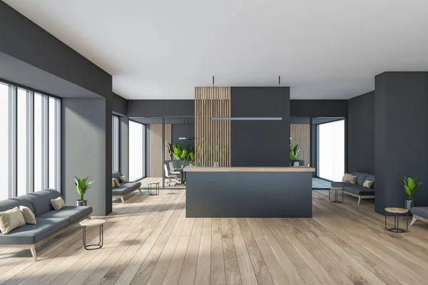 Dark Modern Minimalist Office Room Interior Cozy Couches Wooden Parquet — 图库照片