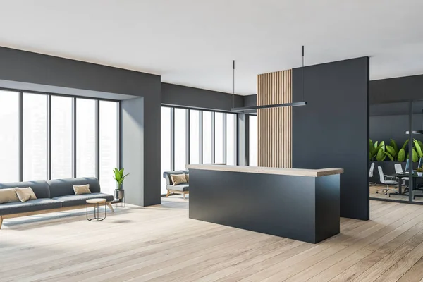 Dark minimalist office room interior with cozy couches, wooden parquet floor, panoramic window, reception desk, computer, glass partition. Concept of meeting place for business people. Corner view