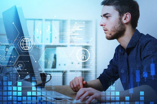 Serious Businessman Wearing Blue Shirt Sitting Office Workplace Looking Computer — Stock Photo, Image