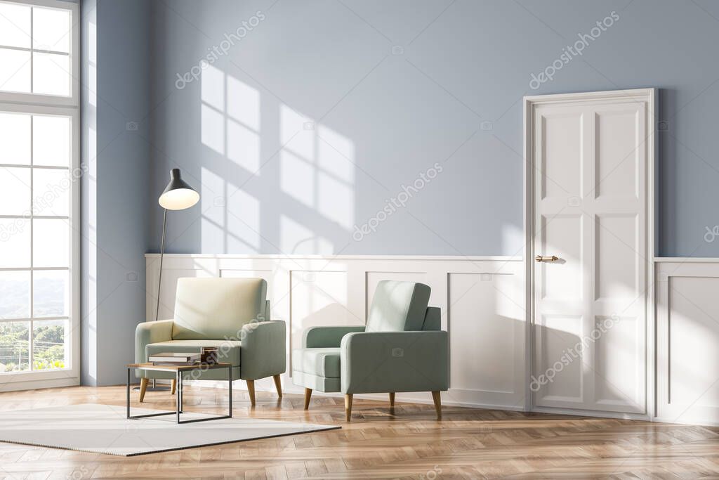 Light room interior with two green armchairs and coffee table with books, lamp and window with countryside view. Reading room on with parquet floor. Mockup copy space blank wall, 3D rendering