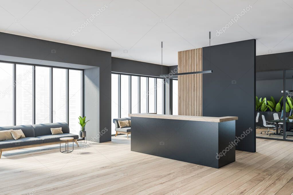 Dark minimalist office room interior with cozy couches, wooden parquet floor, panoramic window, reception desk, computer, glass partition. Concept of meeting place for business people. Corner view