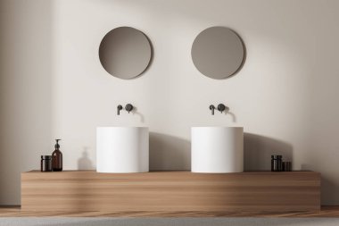 Açık banyo içi jöleli iki ayrı beyaz lavabo, küçük yuvarlak aynalar, ön manzara. Minimalist tasarım, ahşap modern banyo, 3 boyutlu tasarım.