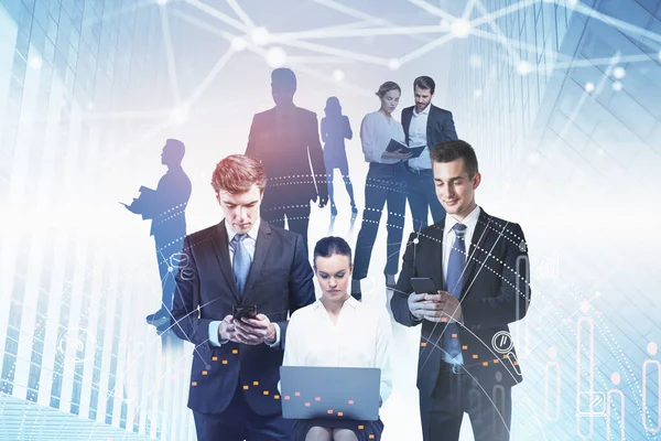 Businessmen Businesswomen Network Hologram Managers Laptop Devices Hands Double Exposure — Stock Photo, Image