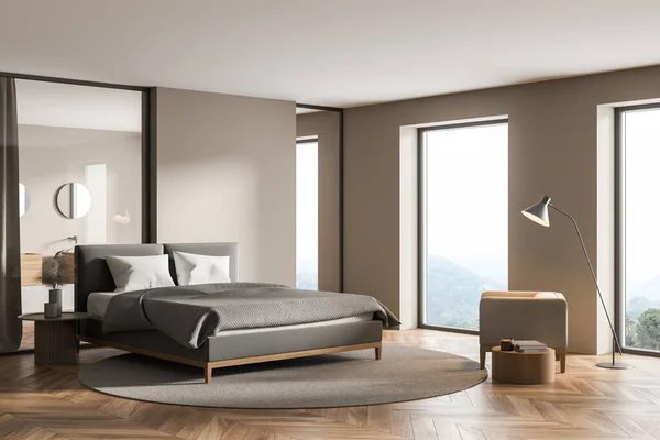 Modern Cozy Bedroom Interior Large Comfortable Grey Bed Three Panoramic — Stock Photo, Image