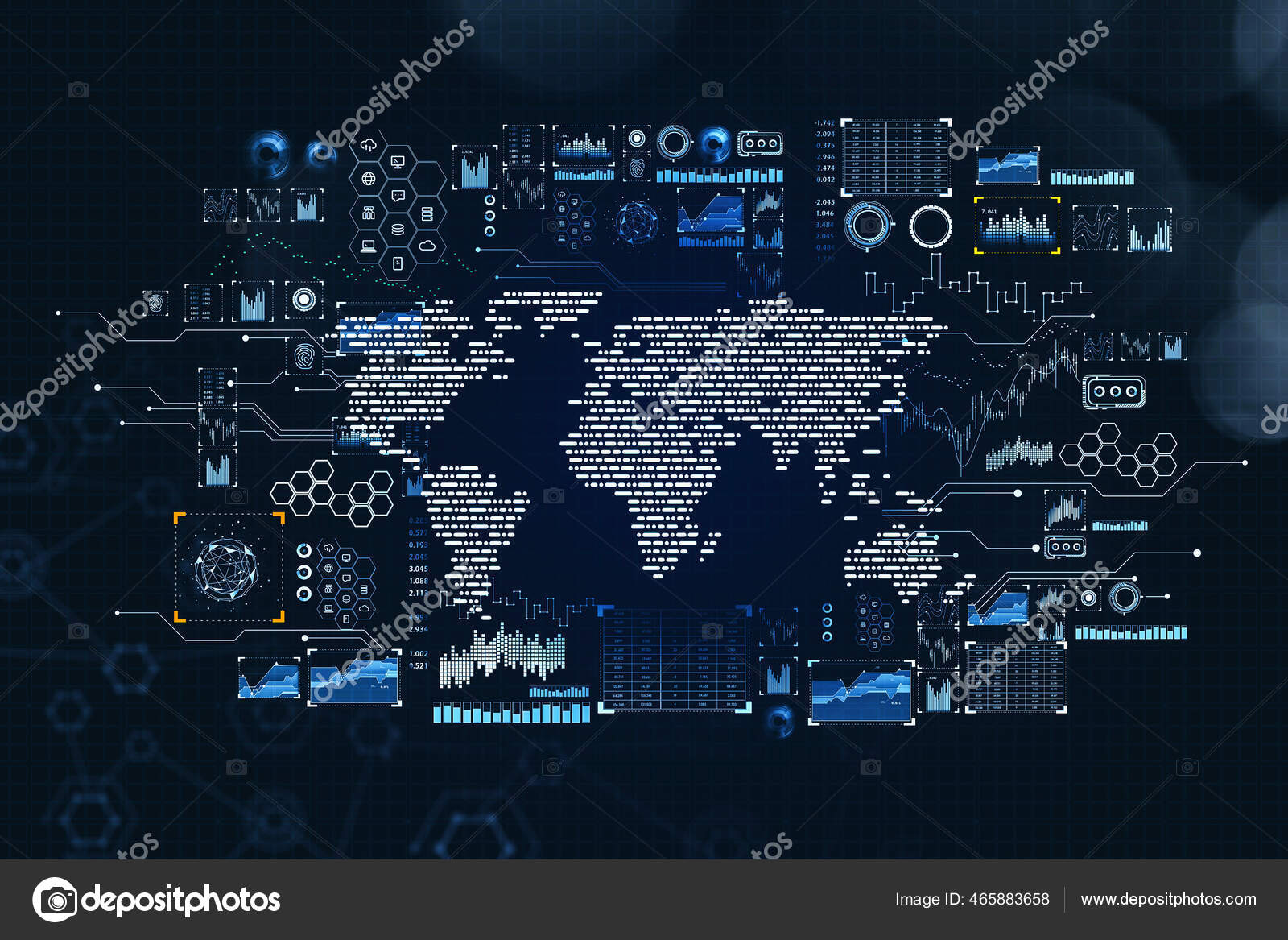 Blue Digital World Map Hud Network Icons Stock Market Changes Stock