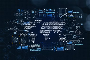Mavi dijital dünya haritası hud, ağ simgeleri ve borsa değişiklikleri, piyasadaki küresel bağlantı. Dünya çapında iş ve büyüyen pazar kavramı