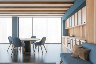 Yemek masası ve sandalyeleri olan şık bir mutfak. Panoramik pencere, seramik döşeme, ahşap duvar. 3d oluşturma