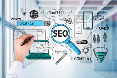 İşadamı bir arama motoru optimizasyon akış şeması çiziyor. Ofis geçmişinde SEO simgeleri çizimi. Projenin başlatılmasında başarı kavramı